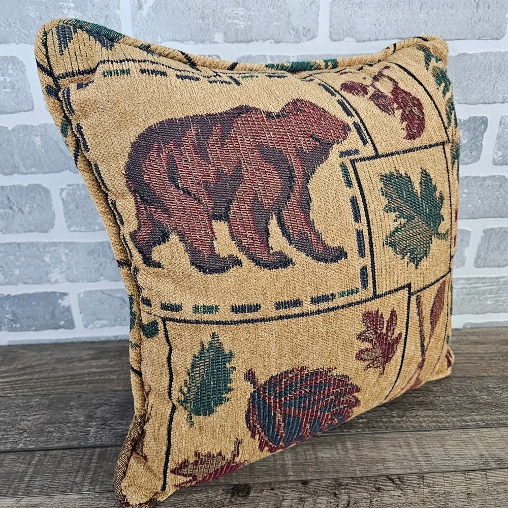 Newport Bear Pinecone Tapestry Throw Pillow Cabin Lodge Lake House Decor 16x16
